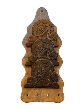 Vintage Carved Wood Mushroom Letter Key Holder Organizer 3 Tier Boho MCM